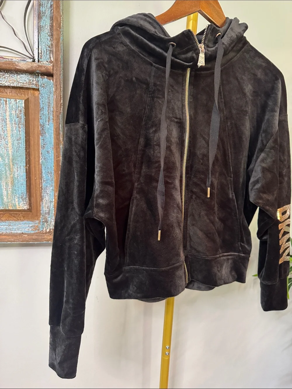 DKNY Black Velvet Hoodie with Gold and silver sequins Logo Sleeve EUC